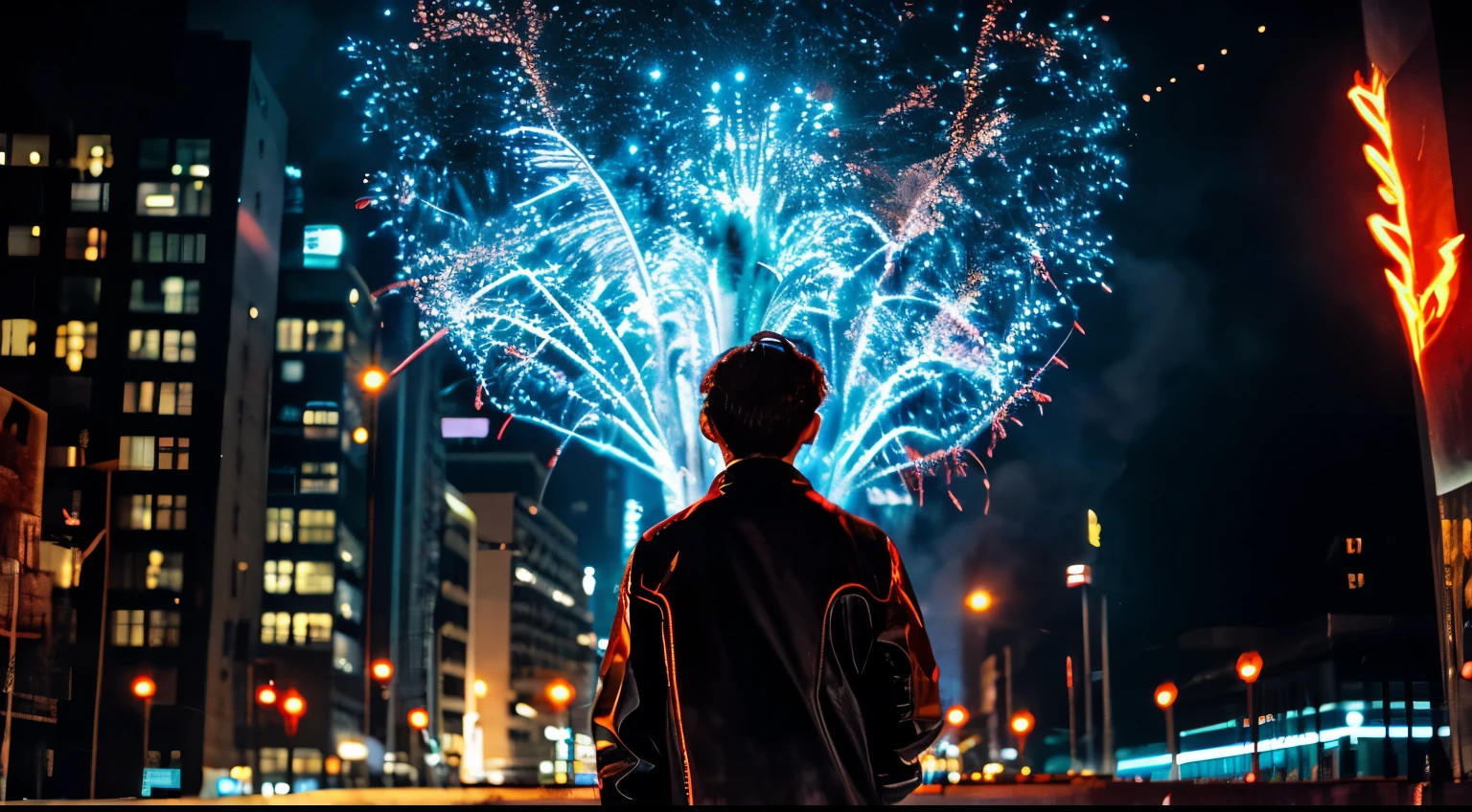 A boy, seen from behind, casting a spell of colossal flames from both hands in the cybernetic city at night.