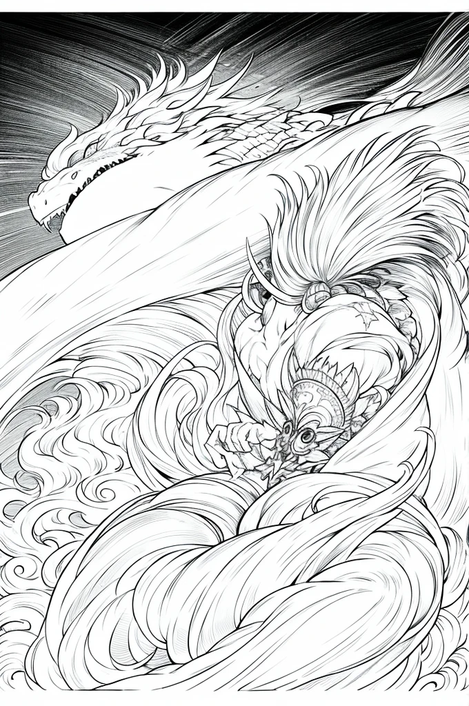 Homem - cabelo platinado, jaqueta branca, espada, olhar intenso, ethereal background, pose elegante, Monochrome color, dragon style, Dragon man, fantasia, preto e branco