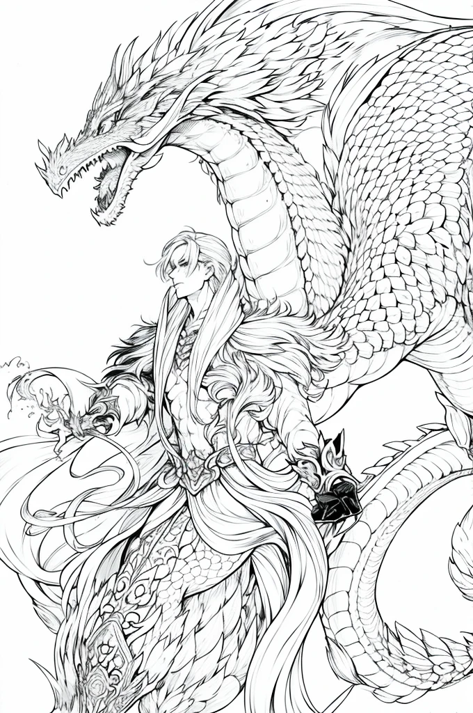 Homem - cabelo platinado, jaqueta branca, espada, olhar intenso, ethereal background, pose elegante, Monochrome color, dragon style, Dragon man, fantasia, preto e branco