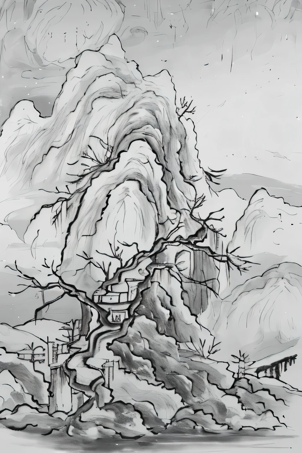 Close-up of a painting of a tree in the mountains, traditional Chinese ink painting, Chinese painting style, Inspired by Huang Binhong, Inspired by Wang Yuanqi, by Qiu Ying, by Wu Zuoren, Chinese ink painting, Inspired by Zhang Shunzi, Chinese ink painting, Inspired by Shen Shichong, qi sheng luo