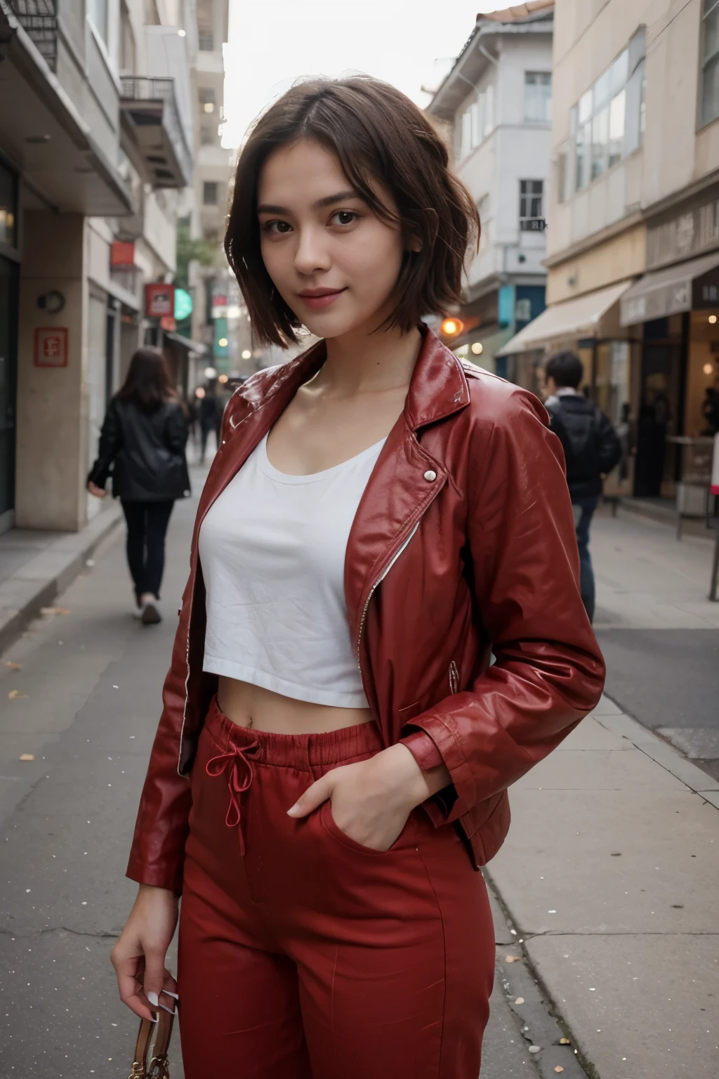 top-quality、​masterpiece、超A high resolution、(realisitic:1.4)、Beautuful Women１、Beautiful detail eyes and skin、smile、Light brown short-cut hair, She is Wearing a long red jacket and long pants posing for a photo,  gorgeous chinese model, photo of slim girl model, IG-Modell, beautiful female model,  on the street