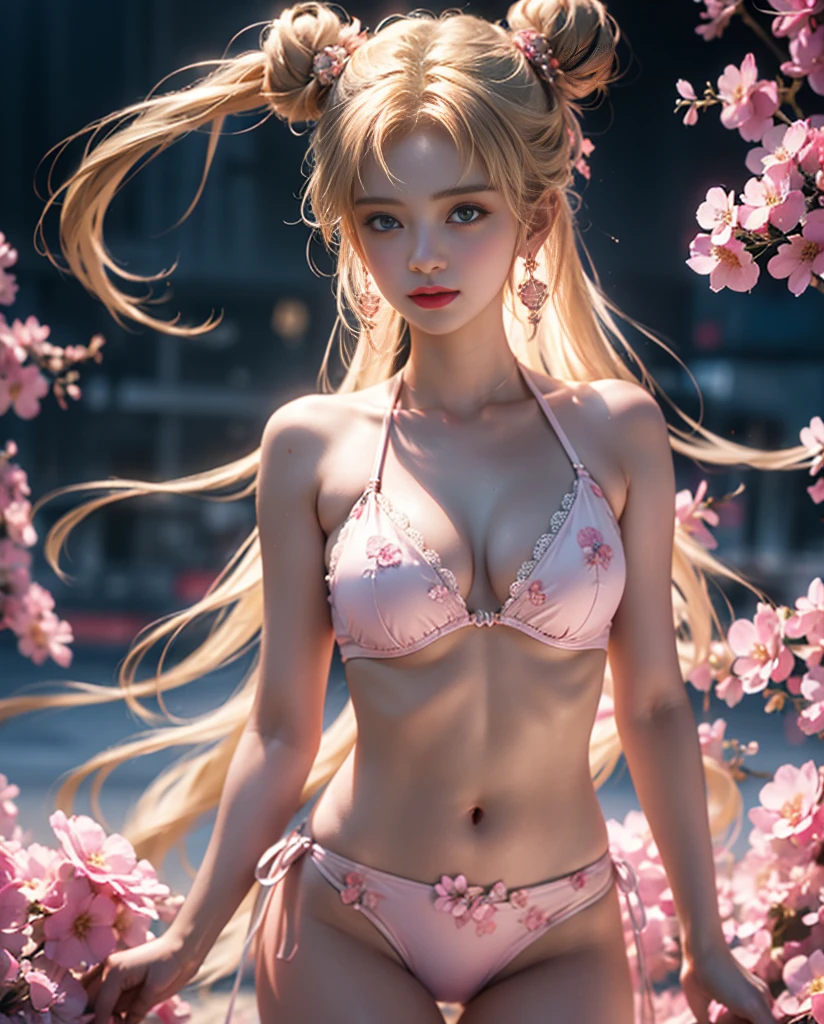 masterpiece,Highest image quality,Super detailest quality ,extremely delicate and beautiful, Very detailed,best quality, official art, Extremely detailed CG unified 8k wallpaper, portrait photo, The most beautiful look,Blonde hair, blue eyes,Radiant skin and radiant eyes, beautiful skin,(detailed lighting:1.2), (Beautiful and detailed light:1.3), deep understanding, beautiful nude color, complex, digital painting, Smooth, sharp focus, end of the world, epic reality,looking at camera, (high dynamic range:1.4),face camera, (pastel colors:1.4), beautiful big breasts,end of the world的, give up, neutral color, night, screen space refraction, (intricate details, Super detailed:1.3), art station, movie shot, vignette, complex background, buliding,charming smile,Blushed,Shy,detailed background,(Various colors of dream catcher earrings missing color,Color black,White,pink,Purple,red,blue,orange color,green,blue,,),And flirtatiouposed,camel toe,comb neatly,),The best look,Ultra thin,translucent,lace,hollowed out,floral bikini,floral print bikini set,法式绑带lace文胸,Crystal Pink Diamond Strap Bikini,pink背景,strappy thong,camel toe明显,(Quality real skin texture), delicate face,gradient hair, (Perfect body), , sparkling pupils,long eyelashes,Super realism,