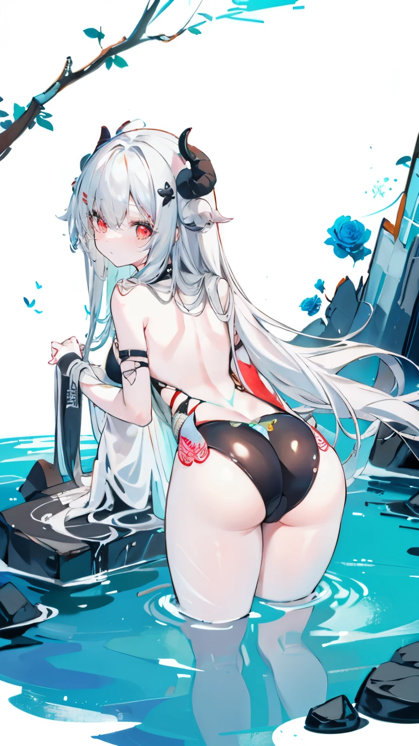 a girl,Sheep's horn, full color, long white hair, Red眼睛 ,Eyeliner, immerse in water, black transparent clothes, Red, open air, Rose, night, ruins, Butterfly,back view,big asutt close-up,camel toe,bend over,soaking wet