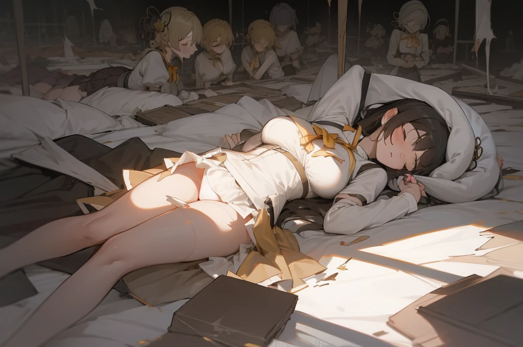 multiple girls, 6+ girls, (pile of corpse, aligned in row:1.2), mami tomoe, big breast, tearing up, closed eyes, (skirt fluttering, white panties, torn clothes:1.1), dark atmosphere, Tyndall effect,