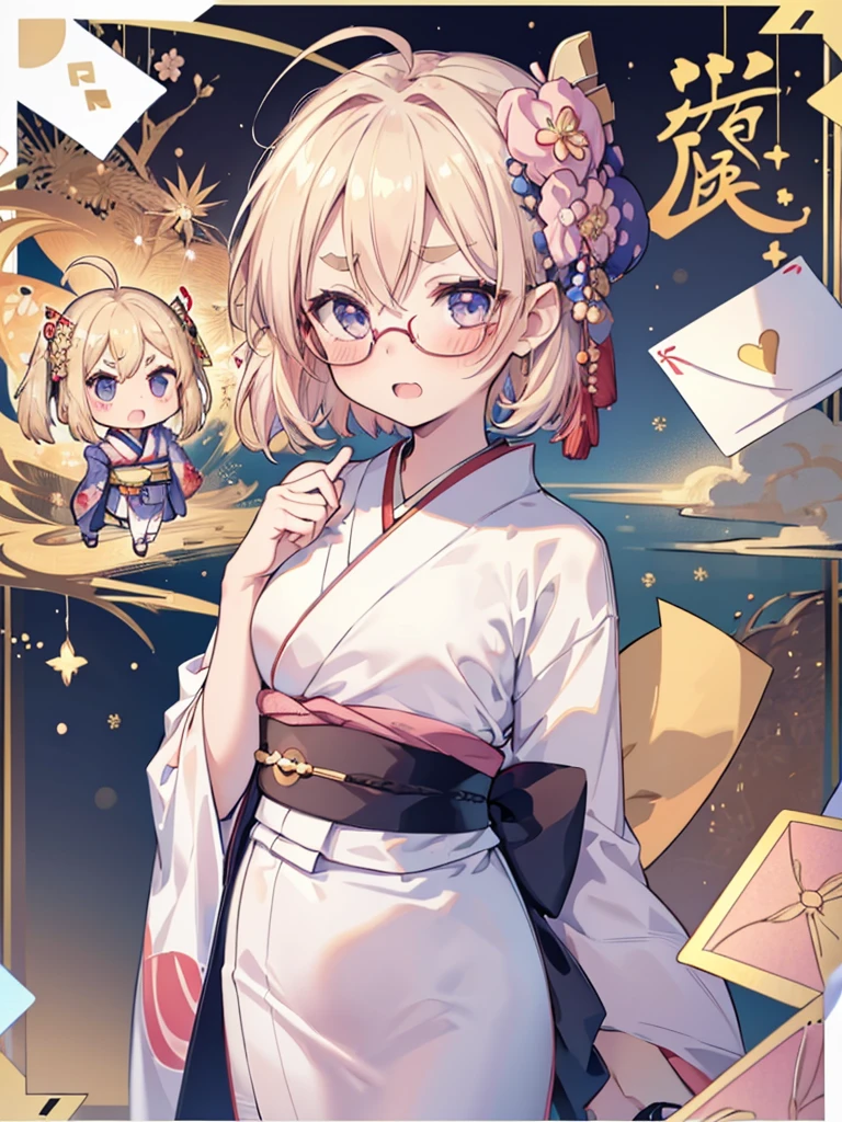 ultra detailed, best quality, high resolution, ((16k)), ((1girl)), pale skin, petite, (glossy blonde hair), (very short hair), blue eyes, (ahoge:1.3), (glasses), pointy ears, (blush:1.5), medium breasts, ((single short braid:0.8)), smile:0.8, ((fang, thick eyebrows, forehead)), ((kimono, Furisode, haregi:1.4)), open mouth, windy:1.5, ((chibi)), (upper body), ((new year's card background))