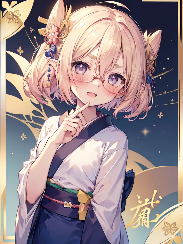 ultra detailed, best quality, high resolution, ((16k)), ((1girl)), pale skin, petite, (glossy blonde hair), (very short hair), blue eyes, (ahoge:1.3), (glasses), pointy ears, (blush:1.5), medium breasts, ((single short braid:0.8)), smile:0.8, ((fang, thick eyebrows, forehead)), ((kimono, Furisode, haregi:1.4)), open mouth, windy:1.5, ((chibi)), (upper body), ((new year's card background))