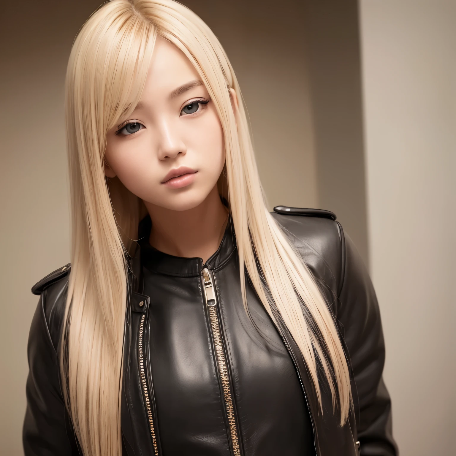 A girl, blonde, Korean, straight hair, long hair, beautiful face, brown eyes, black leather jacket, ((masterpiece)), ((best quality)), ((realism)).