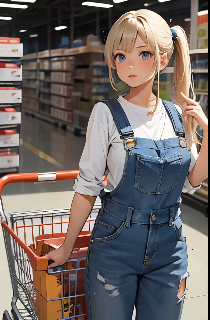 1girl, cowboy shot, super long hair, bangs, low ponytail, blond hair, grey eyes, tan skin, makeup, petite, pushing a shopping cart full of paint supplies, huge breasts, blue denim overall, background home improvement store
