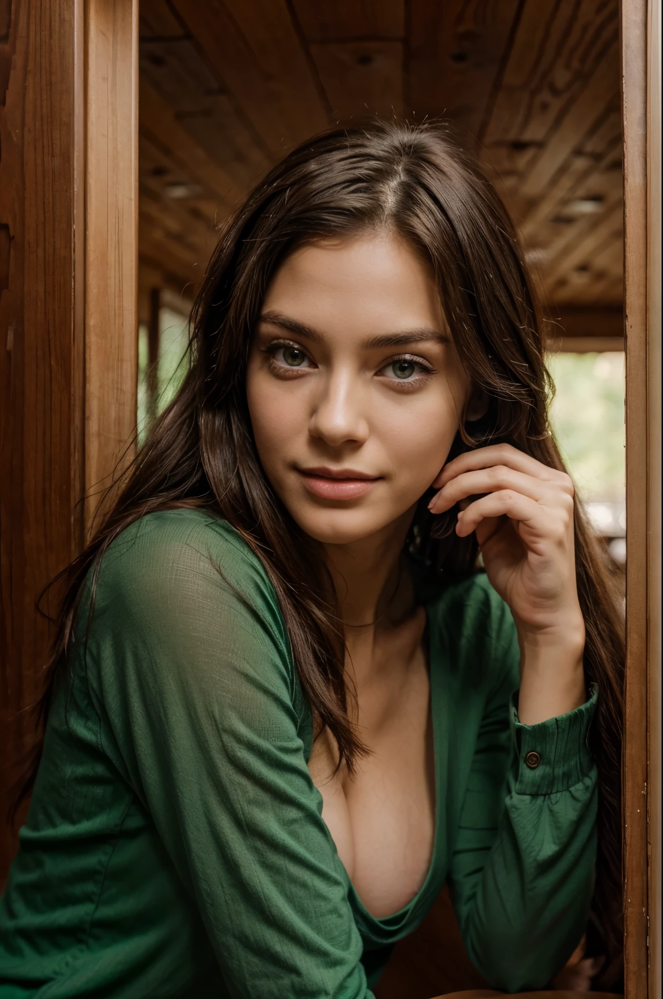 Beautiful brunette smiling, green eyes, long hair, front face
