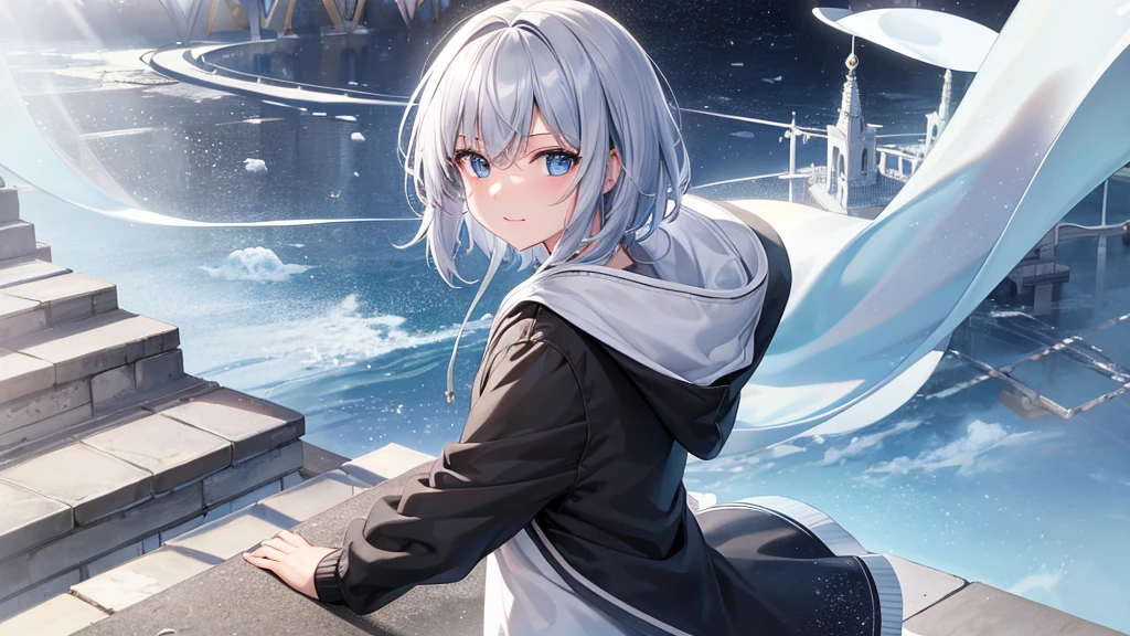 Super high quality,look at the audience, put your hands behind your back, with a girl, 20-year-old, とてもshort hair, long bangs between the eyes, pale blue eyes, hoodie, skirt , blue sky, sunlight, very detailed,(masterpiece、highest quality)、solo、gray hair、laughter、White skin as clear as snow、fantasy, silver hair, black eye, beautiful eyes,, ???????, Fascinating, be smitten with audience, hoodie, 白いhoodie,黒いskirt,short hair,blue sky , sunlight,fantasyな風景,looking down from above