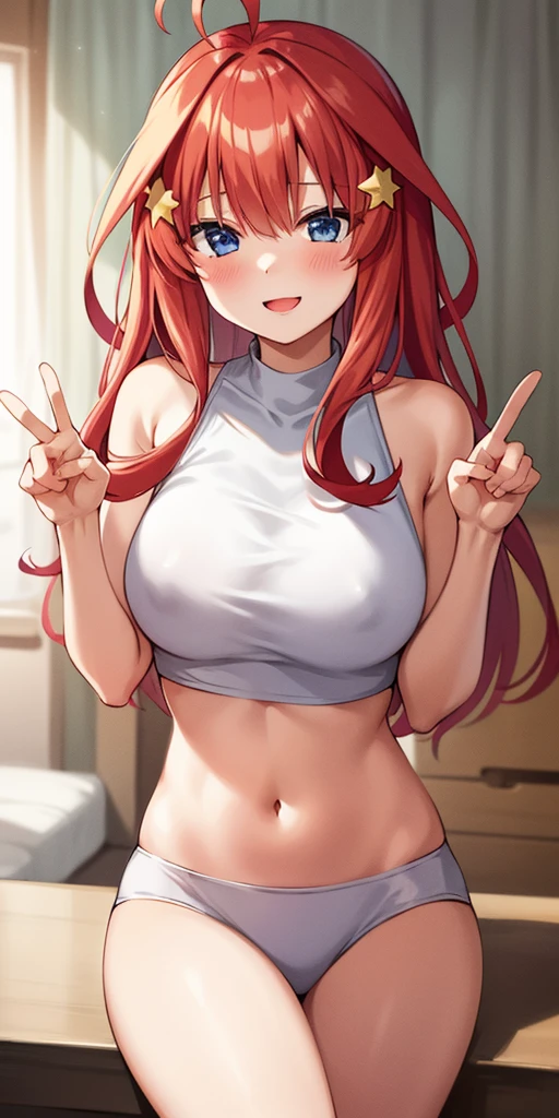 2D, muste piece, highest quality, anime, high details, 1girl in, solo, cowboy shot, Itsuki Nakano, Red hair, long hair, star hair ornament, Ahoge, crop top, middle breast, Medium chest、全naked、naked、tits、nipple、pubic hair, clavicle、medium breasts、smile、Bedroom、sit、peace sign、blush