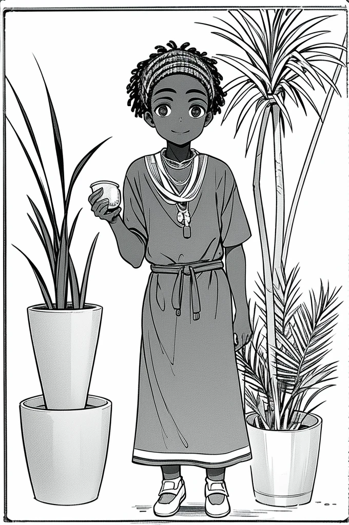 African boy, calm and happy, holding a small potted plant, monocromatic, preto e branco