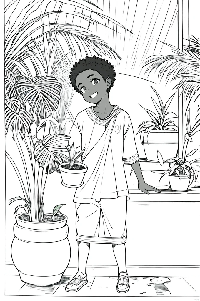 African boy, calm and happy, holding a small potted plant, monocromatic, preto e branco