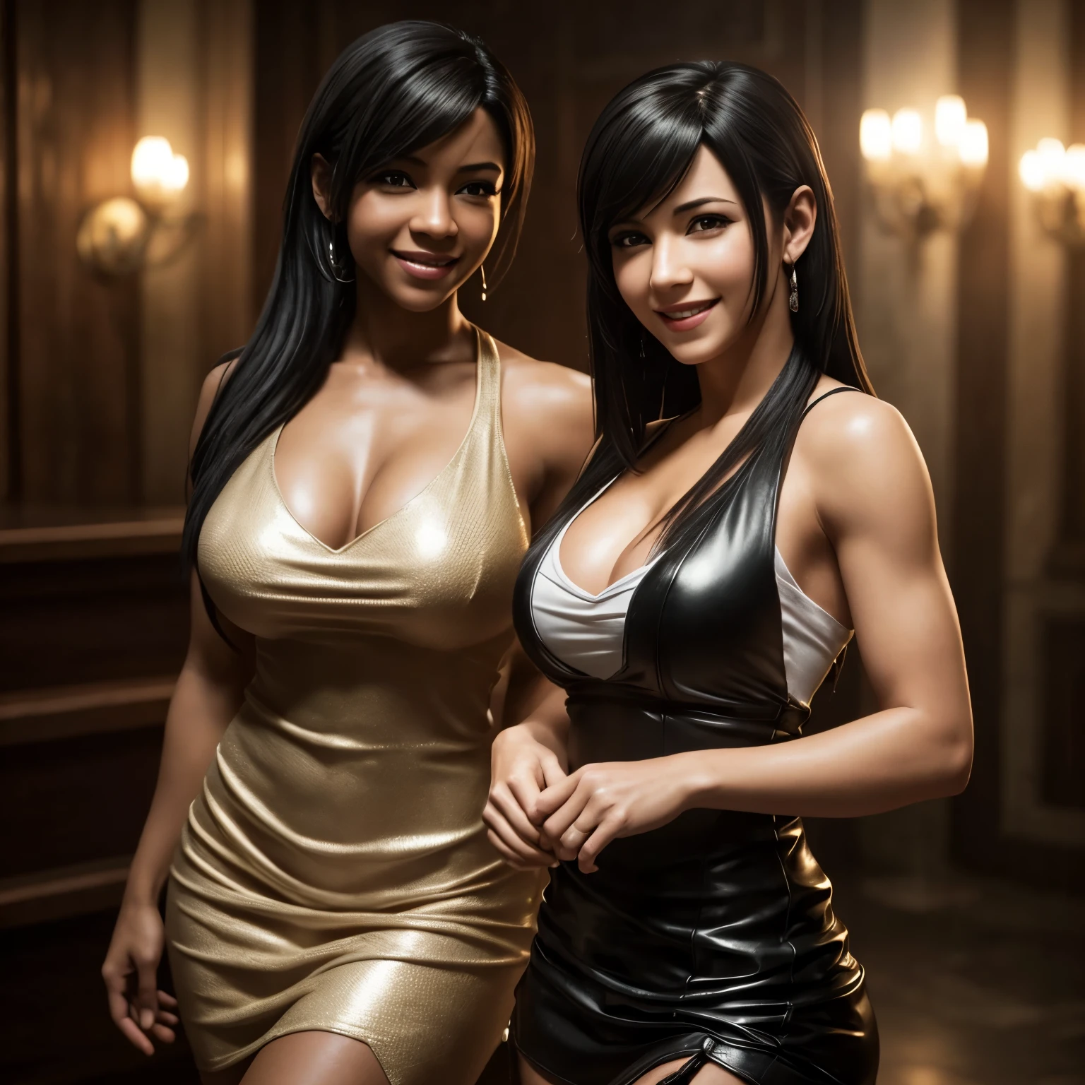 Tifa Lockhart, smiling, party dress, (skin texture:1.1), (high detail face:1.1), high detail body, high detail clothes, (masterpiece), (realistic), ultra high definition, 4k, ultra high resolution, film grain, cinematic lighting, rim lighting, photo by Arny Freytag, RAW image