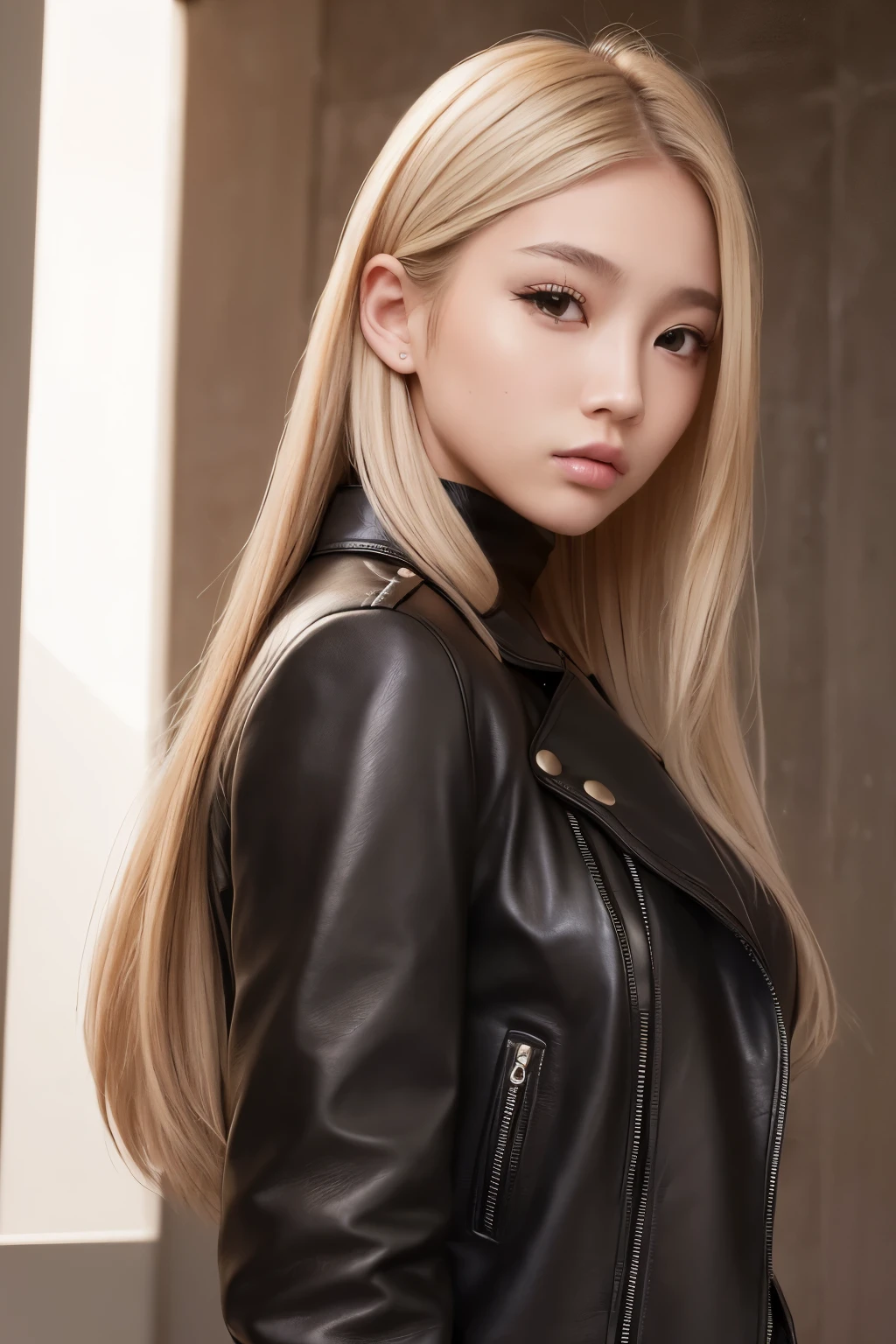A girl, blonde, Korean, straight hair, long hair, beautiful face, brown eyes, black leather jacket, ((masterpiece)), ((best quality)), ((realism)).