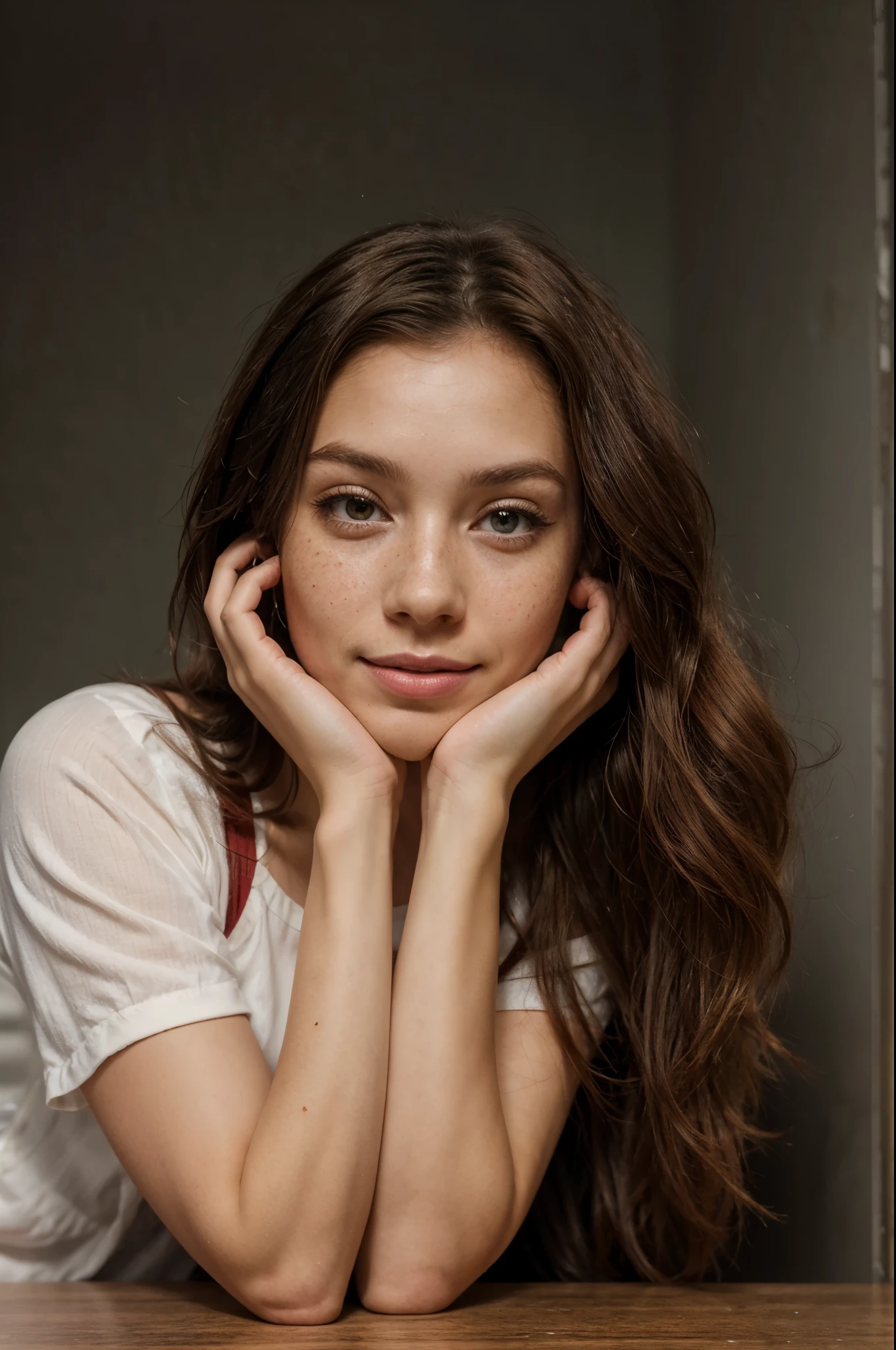 https://.seaart.ai/explore/detail/cm1k3gde878c73ci32n0 hyper realistic, freckles, beautiful brunette smiling, long hair, half body