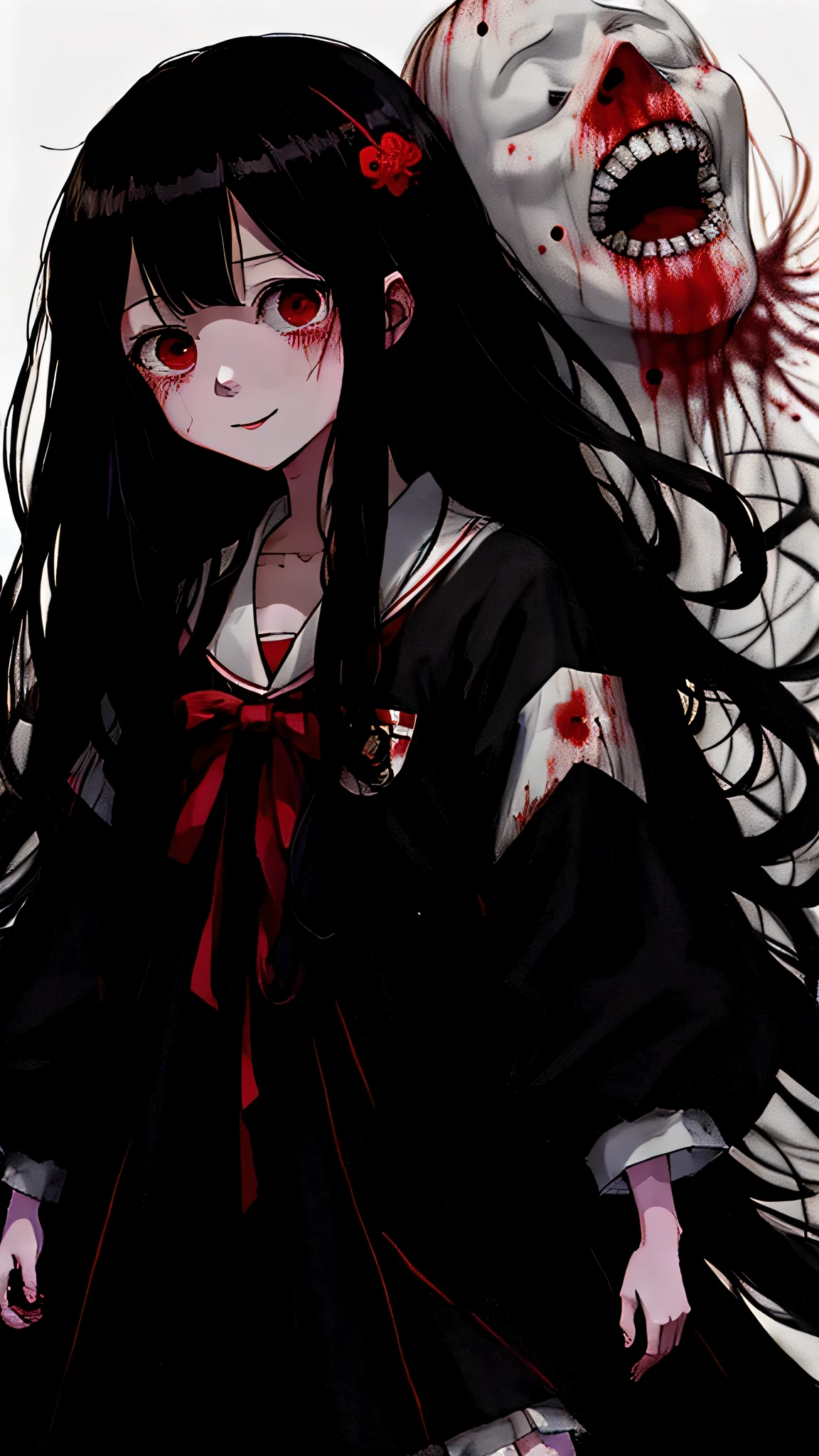 Cartoon girl with long hair and white dress, Pale Young Ghost Girl, yume nikki, ((the dark side of her speaking behind her)), Nico in white dress, loli in dress, junji ito 4k, made with anime painter studio, mysterious girl, open your mouth and crazy smile, bloody eyes, psychopath expression, digital art from danganronpa, depression