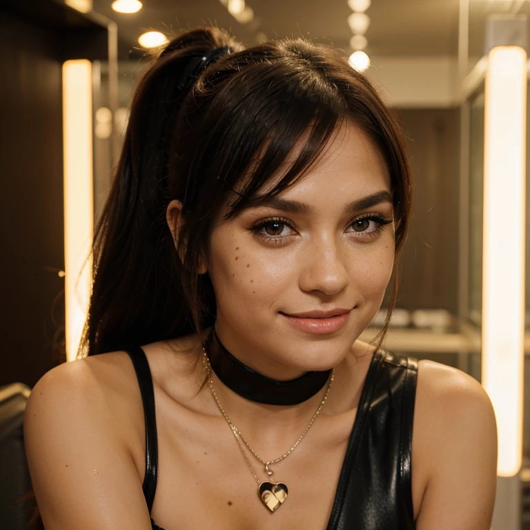 Jessica Degg short chubby face brunette long ponytail straight hair Caucasian freckles fake tan eyelashes dark eyes eyeshadow make up smiling jewellery short chains pvc catsuit