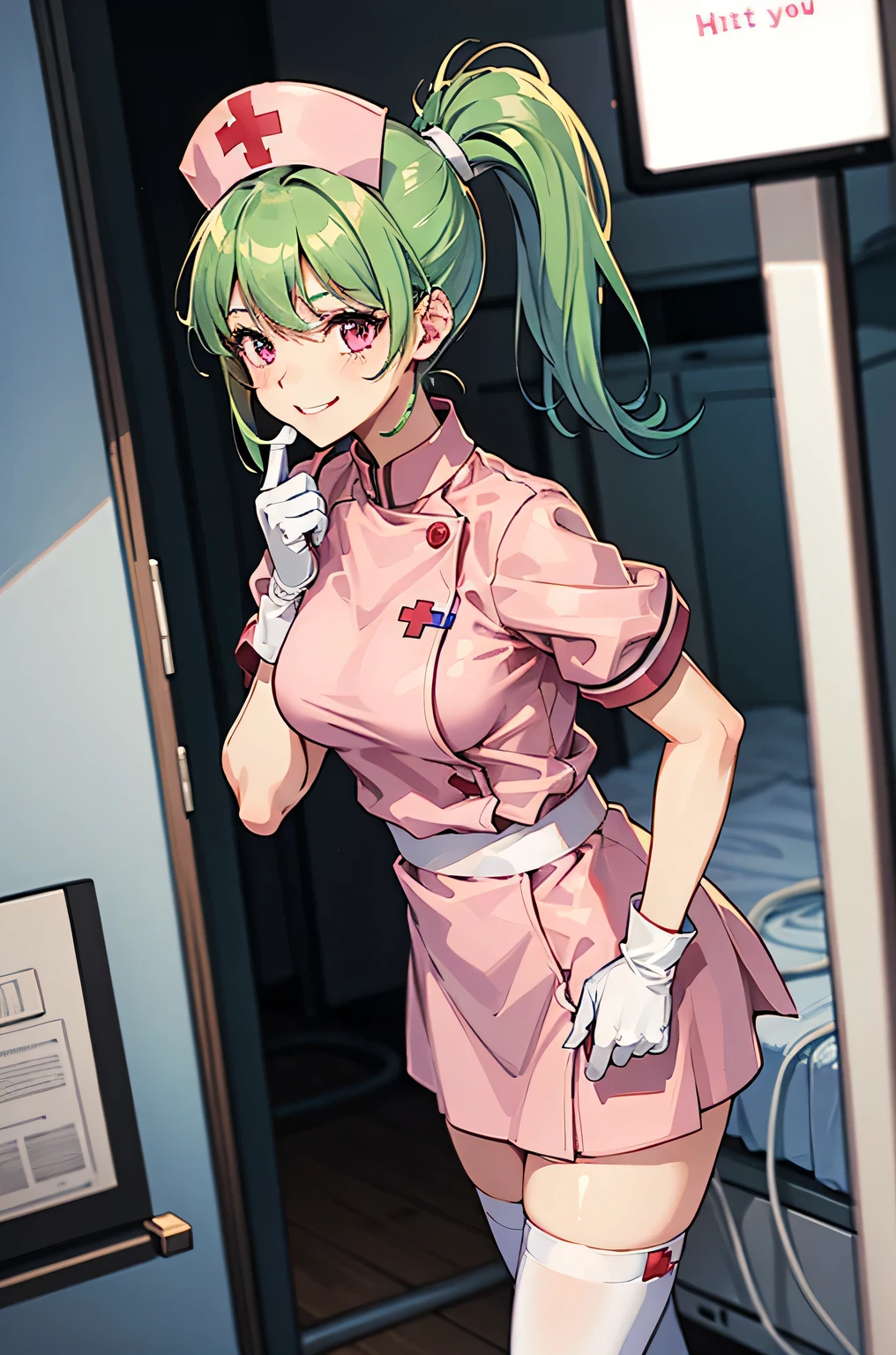 1girl, solo, nurse, nurse cap, white wear, ((white legwear, zettai ryouiki)), white gloves, ponytail, green hair, pink eyes, smile, standing, ((hospital room)), sharp outline, short sleeves, best quality, masterpiece