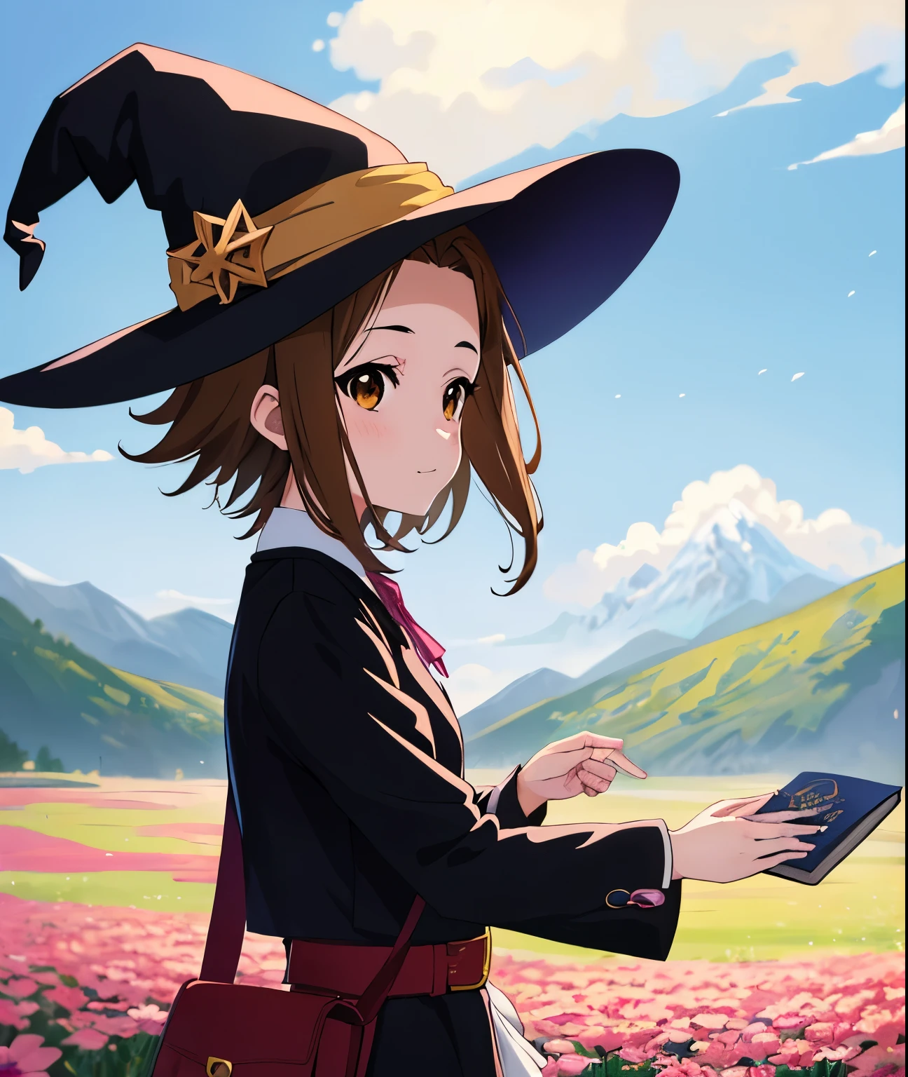 ((masterpiece)), high details, high quality, best quality, highres,anime girl in a field of flowers with a mountain in the background,light brown eyes,clear forehead,very short hair,(very light brown hair), (1girl,solo,Ritsu Tainaka),intricate anime girl k-on, anime pose,(libralian),hand with leather book,(witch hat),high quality anime movie still, anime visual of a cute girl,walking,cowboy shot,from side