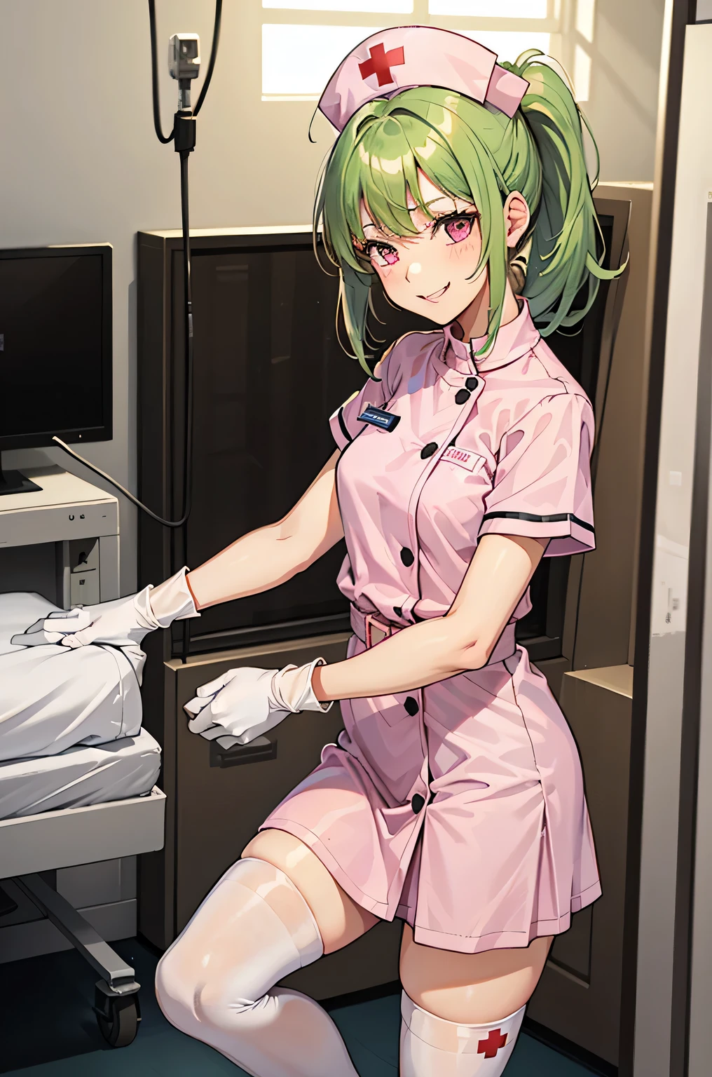 1girl, solo, nurse, nurse cap, white wear, ((white legwear, zettai ryouiki)), white gloves, ponytail, green hair, pink eyes, smile, standing, ((hospital room)), sharp outline, short sleeves, best quality, masterpiece