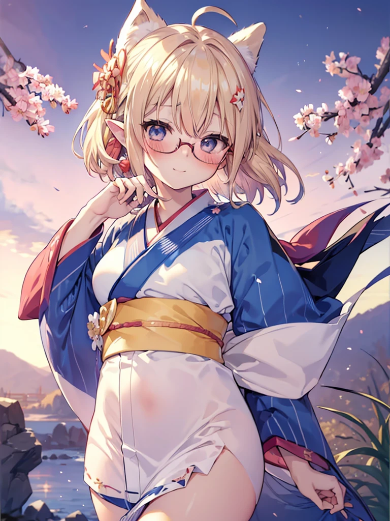 ultra detailed, best quality, high resolution, ((8k)), ((1girl)), pale skin, petite, (glossy blonde hair), (very short hair), blue eyes, (ahoge:1.3), (glasses), ((pointy ears)), (blush:1.5), medium breasts, ((single short braid:0.8)), smile:0.8, ((kimono, Furisode, haregi:1.5)), (windy:1.5), ((chibi:1.3)), (upper body), ((new year's card background:1.2))