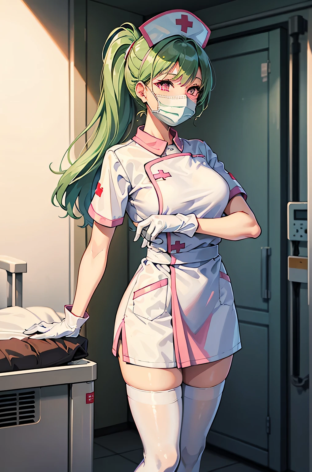 1woman, solo, nurse, white nurse cap, white nurse uniform, ((white legwear, zettai ryouiki)), white gloves, forehead, long hair, green hair, pink eyes, ((white surgical mask, covered nose)), standing, ((hospital room)), sharp outline, short sleeves, mature female, 35 years old, best quality, masterpiece