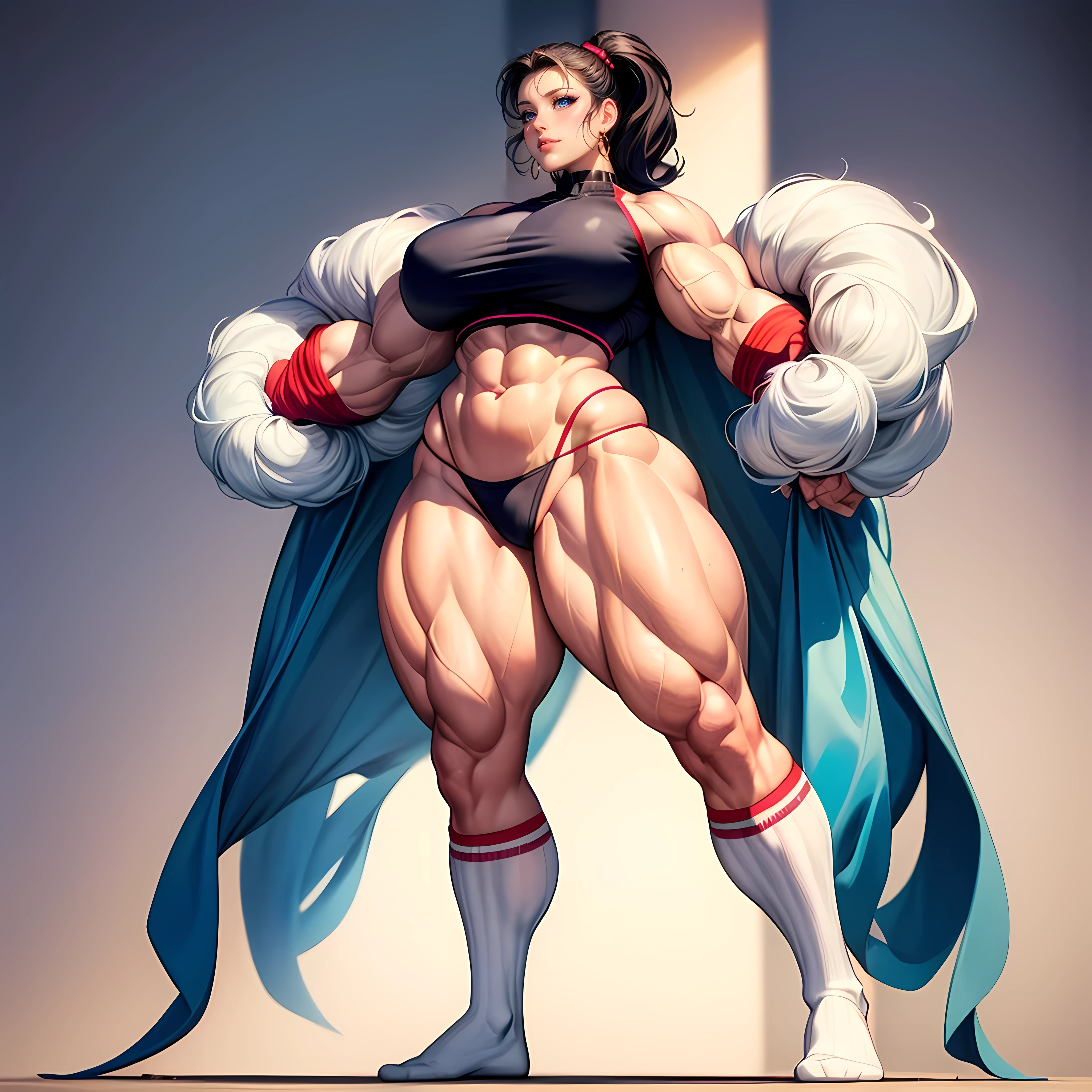 tmasterpiece，Burly woman，Exaggerated large muscles，White sport socks，without wearing shoes，standing on your feet, beautiful attractive face，Full body like， 1female，Very fair skin，Thin waist，Very broad shoulders, Strong and powerful arms，Stout arms，Strong and powerful leg muscles，looking to the camera，