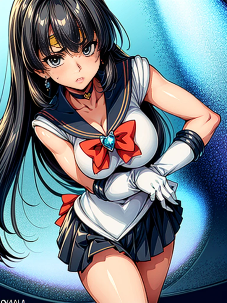 masterpiece, Highest quality, Absurd, Perfect Anatomy, One person,chest,gloves,lips,alone, Sailor Neptune,tiara,Sailor Warrior Uniform,masterpiece,Absurd,Cowboy Shot, Dynamic posture, The background is space (Amazing details, Excellent lighting, Wide-angle), One person,((Big Breasts)),((手でchestを隠す)),((naked))