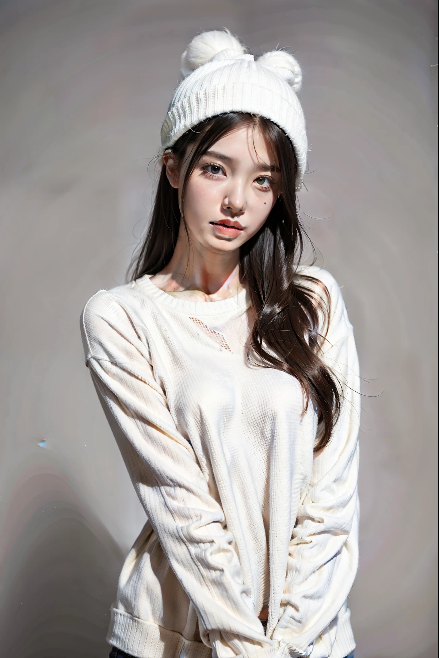 1 girl,White sweater,gray background,