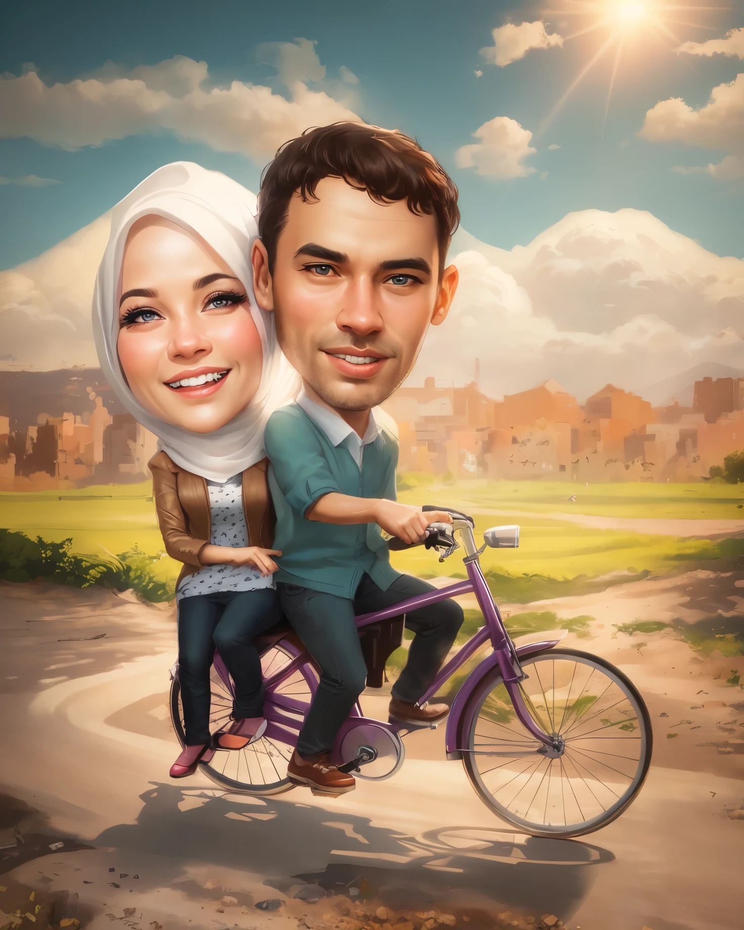 a cartoon of a man and woman riding a bicycle on a path, women wearing hijab, caricature illustration, caricature, foto realistic, caricature style, couple, happy couple, in cartoon style, cartoon art, caricature!!!, by Abidin Dino, realism artstyle, couple pose, realistic cartoon, cartoon artstyle, potrait, lovely couple, digital art cartoon, full protrait, detail, hiperrealism, 8k, Bokeh