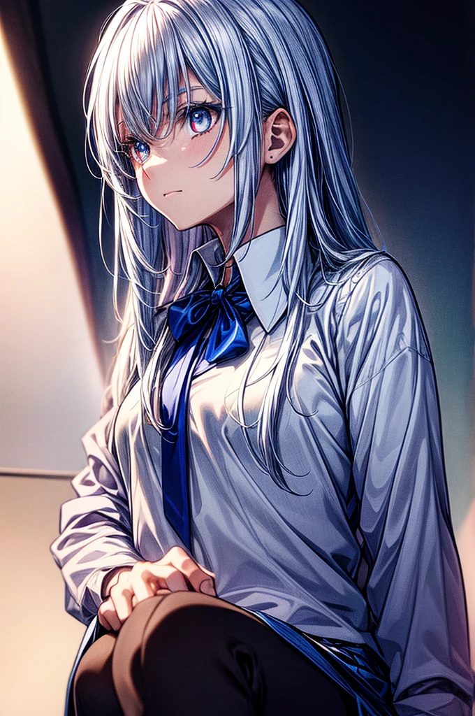((masterpiece)) best quality, 8k, high quality, high resolution, super detailed, ultra-detailed, photorealistic, beautiful and finely detailed face and eyes, ultra-detailed and detailed skin texture, masterpiece, best quality shadows, clean lines, realistic looks, best generation, smooth color transitions,life-like portrayal, young woman with Silver-white hair, blue eyes, with a formal blouse or shirt, crafted in hues of blue and white, grey blazer, white and blue skirt, blood Red eyes, beautiful straight white hair, human, straight hair, not embarrassed, cold look, full body, female human, blue eyes, white hair, straight hair, Academy uniform, school setting, tassel embroidered blouse, snow white hair