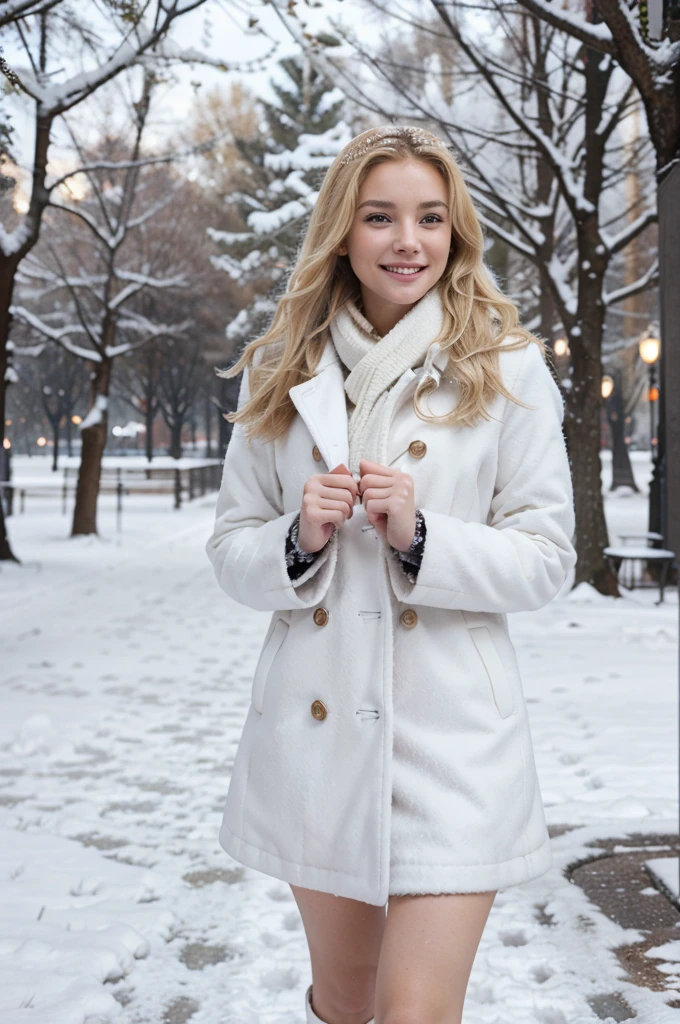 sexy girl, blonde, white coat, perfect face, smiling, walking, park, winter, snow falling, high quality, realistic, full height, in focus, perfect composition, fantasy