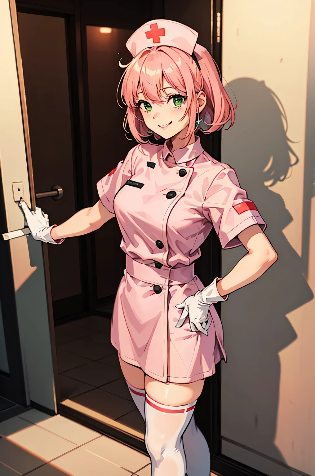 1girl, solo, nurse, nurse cap, white wear, ((white legwear, zettai ryouiki)), white gloves, pink hair, green eyes, drooping eyes, smile, standing, ((hospital room)), sharp outline, short sleeves, best quality, masterpiece