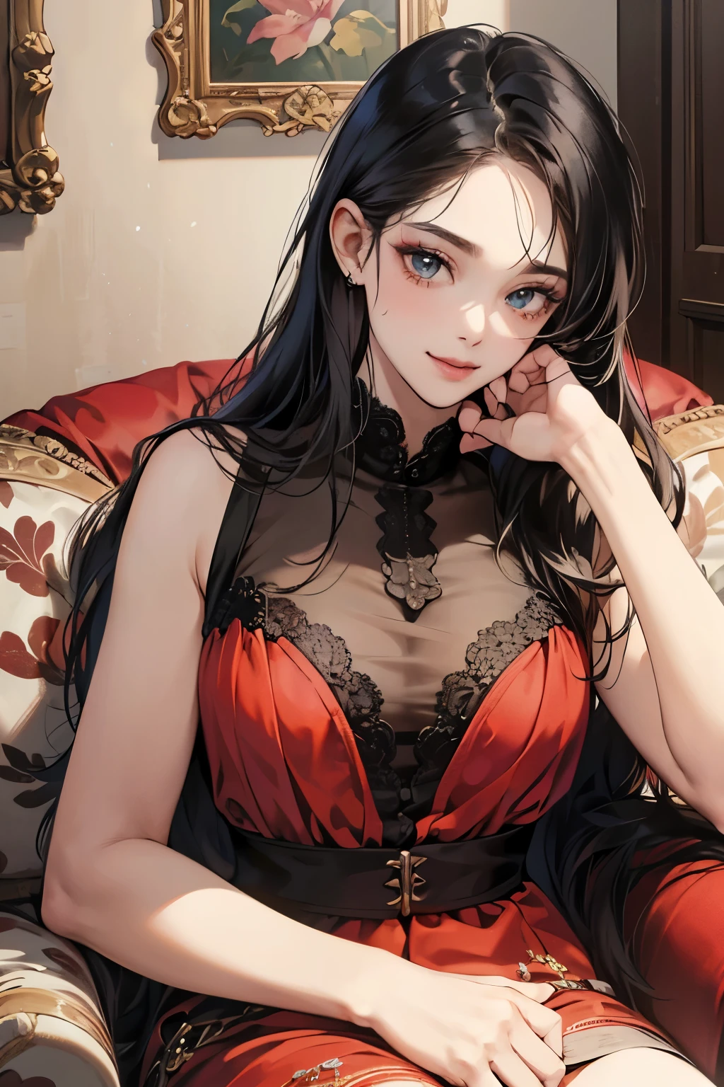 (muste piece, 4K, 8K,beautiful images, Sharp Image, photorealistic,perfect face, perfect lines, Perfect eyes, soft lighting) ,1 woman, (black hair、long straight hair,Bullish gaze,beautiful woman,elegance,Solid makeup,One piece figure、mature women,small breasts:1.3),スーツ姿のハンサムなmale性2人, (male,male性はスーツ姿,muscular,Firm shoulder width, maleの,boyish hairstyle,English gentlemanly style,クールな表情の成熟male性,明るい笑顔の成熟male性:1.2),smile showing white teeth(embarrassing,shy smile:1.1),(Nervous,embarrassed,sleepy,embarrassing:1.1),Antique sofa、Open your thin mouth,innocent smile,On a date,kiss、couple、couplekiss、Romance、At work、Antique furniture、sitting on the sofa、Couch sofa