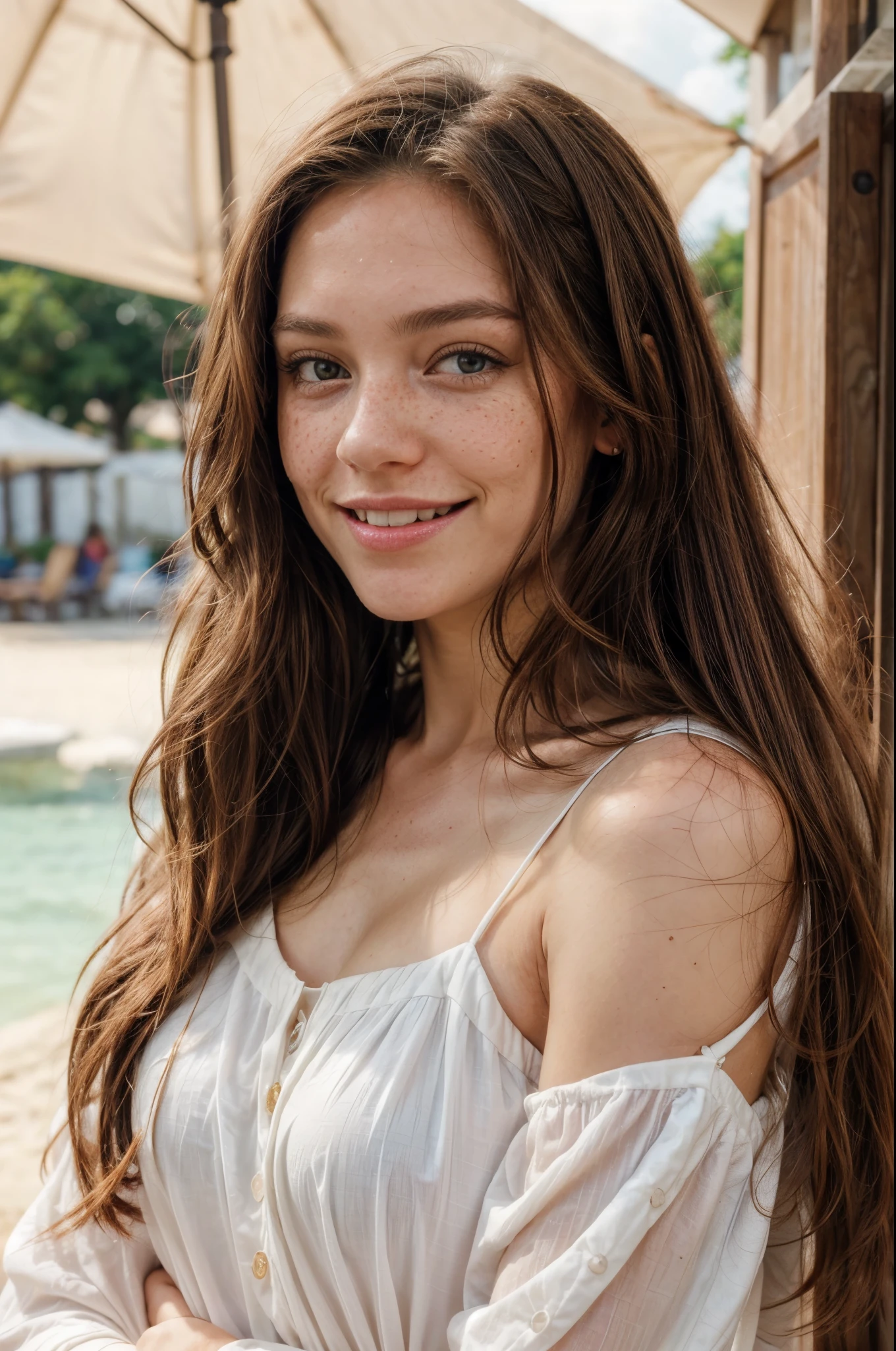 https://.seaart.ai/explore/detail/cm1k3gde878c73ci32n0 hyper realistic, freckles, beautiful brunette smiling, long hair, half body