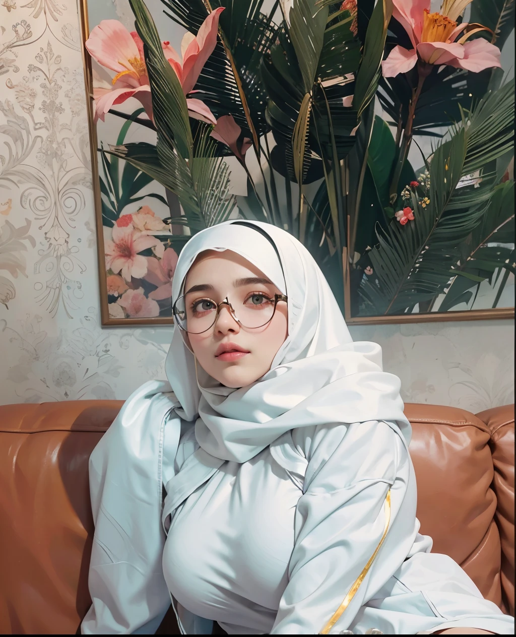 there a woman sitting on a couch wearing a white hijab, faridah malik, arab ameera al taweel, khyzyl saleem, captured on canon eos r 6, white hijab, inspired by Nazmi Ziya Güran, arab ameera al-taweel, professional profile picture, picture, zenra taliyah, big tits, super big boobs