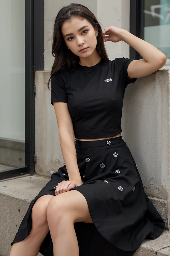 acmm ss outfit, wearing acmm top, black acmm top, short sleeves, buttons, wearing acmm long skirt, black and black with printed acmm long skirt, 1 Girl, sitting"