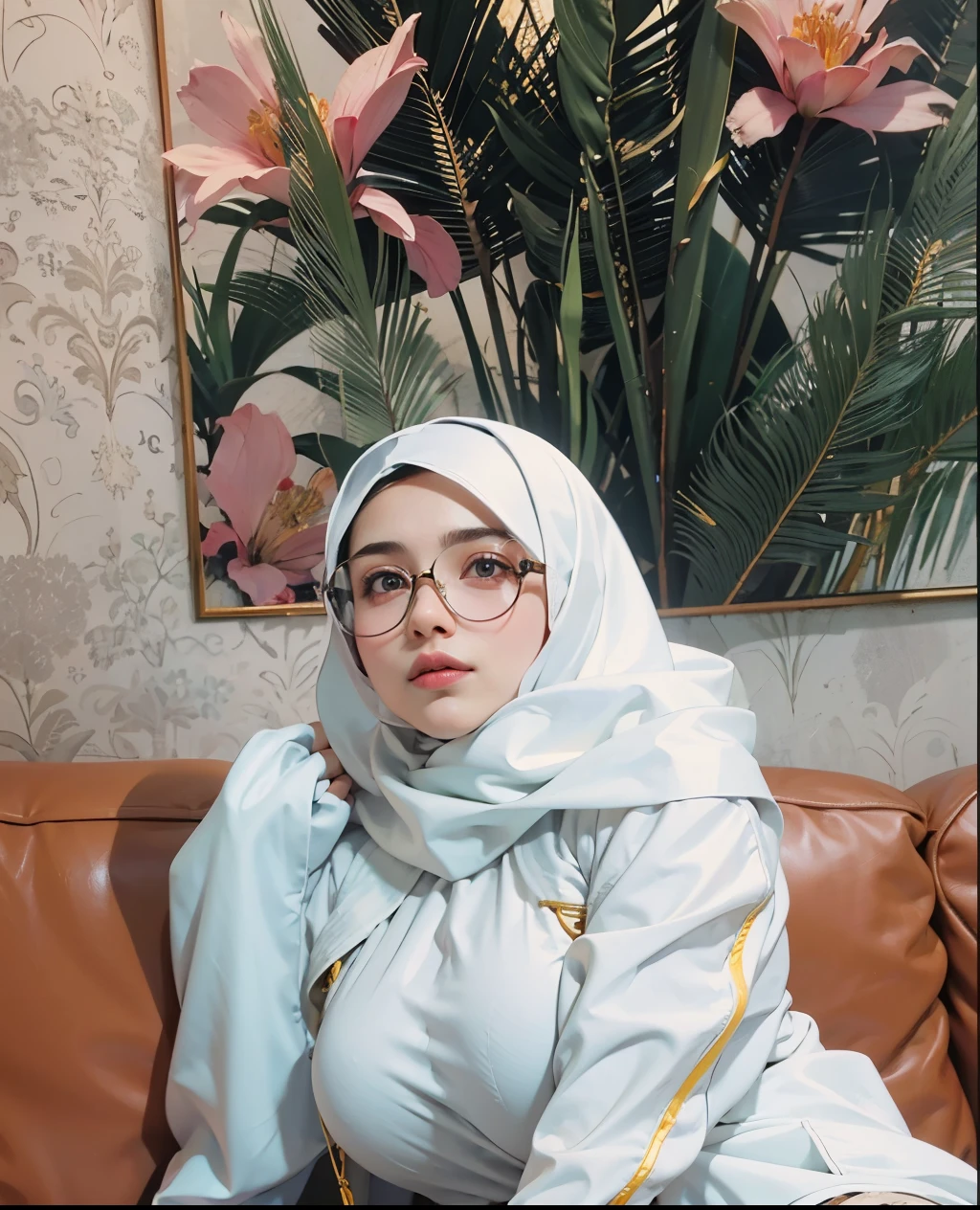 there a woman sitting on a couch wearing a white hijab, faridah malik, arab ameera al taweel, khyzyl saleem, captured on canon eos r 6, white hijab, inspired by Nazmi Ziya Güran, arab ameera al-taweel, professional profile picture, picture, zenra taliyah, big tits, super big boobs
