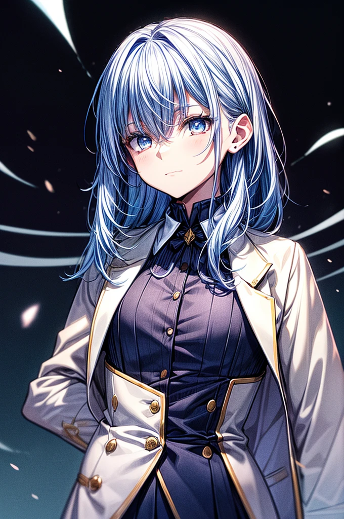 ((masterpiece)) best quality, 8k, high quality, high resolution, super detailed, ultra-detailed, photorealistic, beautiful and finely detailed face and eyes, ultra-detailed and detailed skin texture, masterpiece, best quality shadows, clean lines, realistic looks, best generation, smooth color transitions,life-like portrayal, young woman with Silver-white hair, deep blue eyes, with a formal blouse or shirt, crafted in hues of blue and white, grey blazer, white and blue skirt, blood Red eyes, beautiful straight white hair, human, straight hair, not embarrassed, cold look, full body, female human, deep bluish-purple eyes, white hair, straight hair, Academy uniform, school setting, tassel embroidered blouse, snow white hair