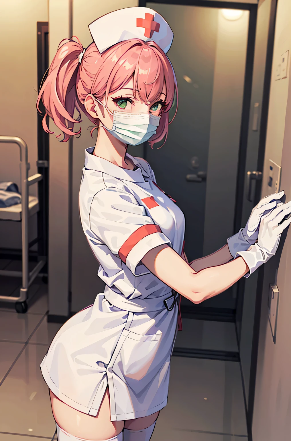 1girl, solo, nurse, nurse cap, white wear, ((white legwear, zettai ryouiki)), white gloves, pink hair, green eyes, drooping eyes, ((white surgical mask, covered nose)), standing, ((hospital room)), sharp outline, short sleeves, best quality, masterpiece