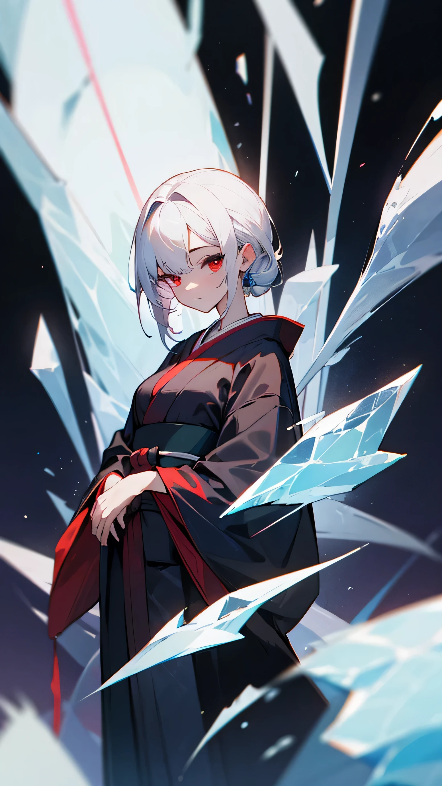 22, young woman, White hair, Red eyes, kimono, elegant, Ice magic