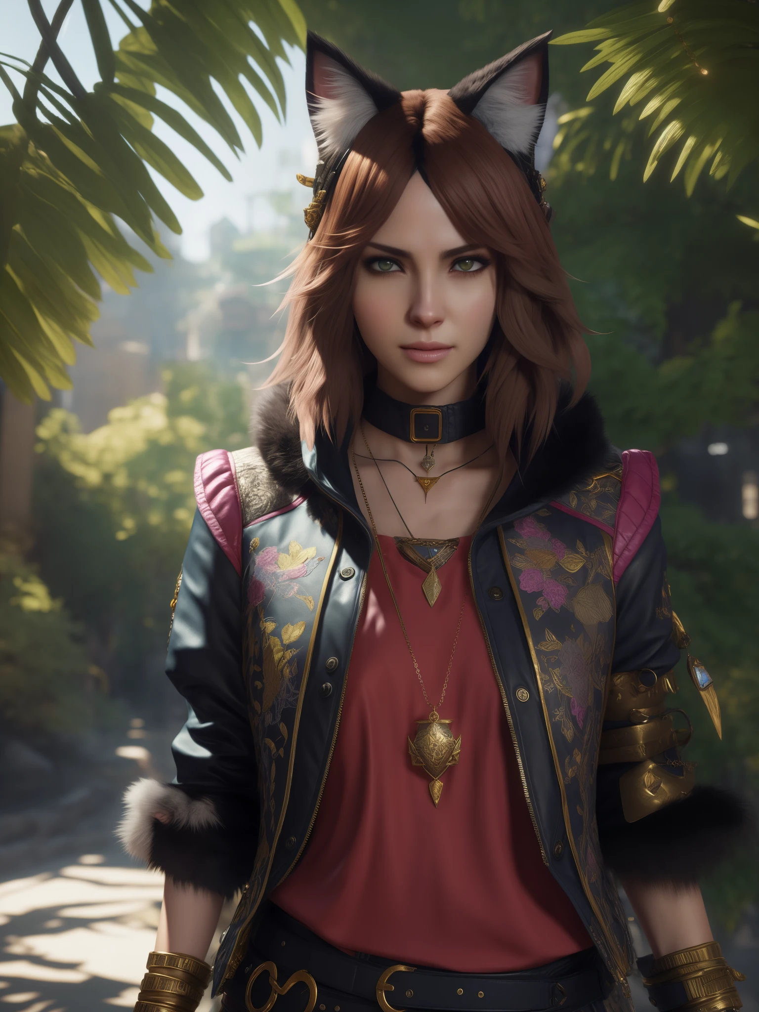 Arafe in a bright jacket and a necklace with a cat ear, Portrait rendering 8k, amazing character art, Unreal character engine, realistic fantasy render, photorealistic style, realistic style, computer graphics games, 3D rendering of characters 8k, detailed cinematic render, ultra-realistic graphics, cinematic realistic portrait, Highly detailed 4k digital art