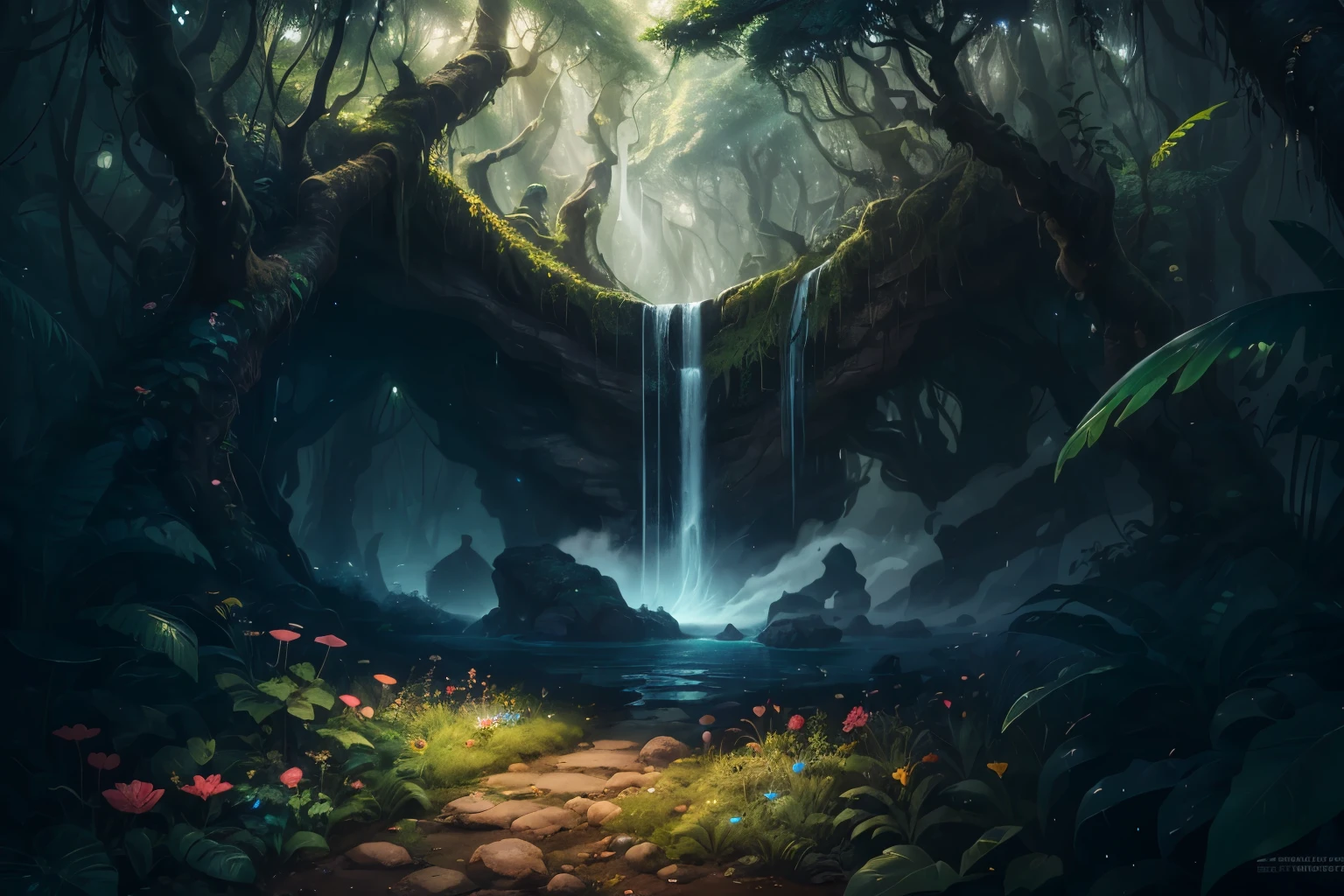 (best quality,4k,8k,highres,masterpiece:1.2),ultra-detailed,realistic,fantasy jungle,enchanted,lush green foliage,vibrant colors,dreamlike atmosphere,magical creatures,glowing flowers,sparkling waterfalls,mystical mist,whispering trees,ethereal light beams,magical plants,giant mushrooms,hidden treasures,playful fairies,dancing fireflies,peaceful solitude,adventure awaits