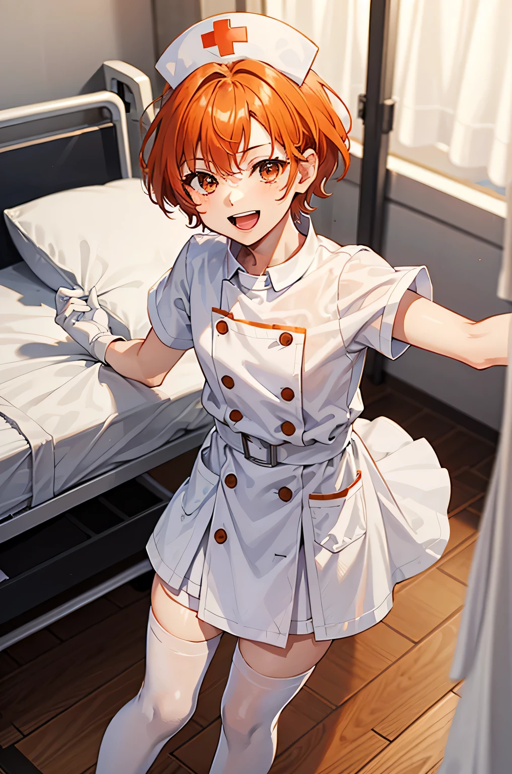 1boy, solo, male focus, nurse, nurse cap, white wear, ((white legwear, zettai ryouiki)), white gloves, short hair, orange hair, smile, open mouth, standing, ((hospital room)), sharp outline, short sleeves, shota, 12 years old, best quality, masterpiece