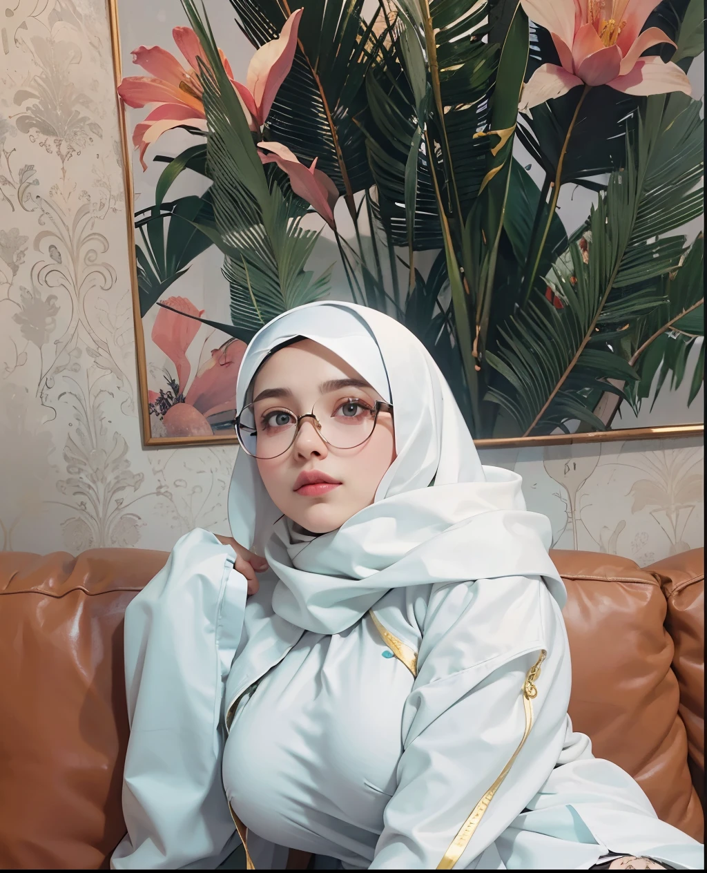 there  a woman sitting on a couch wearing a white hijab, faridah malik, arab ameera al taweel, khyzyl saleem, captured on canon eos r 6, white hijab, inspired by Nazmi Ziya Güran, arab ameera al-taweel, professional profile picture, picture, zenra taliyah, big tits, super big boobs
