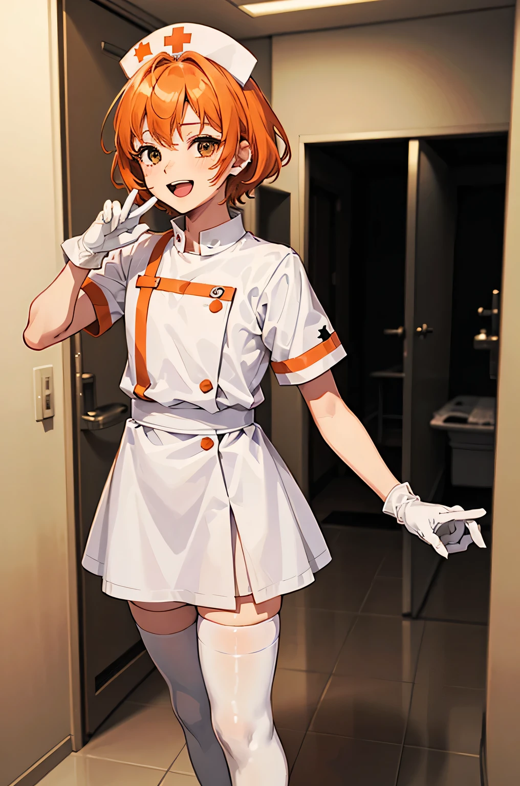 1boy, solo, male focus, nurse, nurse cap, white wear, ((white legwear, zettai ryouiki)), white gloves, short hair, orange hair, smile, open mouth, standing, ((hospital room)), sharp outline, short sleeves, shota, , best quality, masterpiece