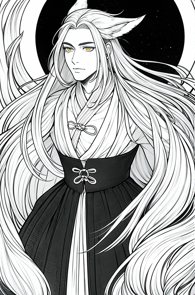 Masterpiece, Best quality, Night, full moon,Exquisite facial details, 1 man, Mature man, Chinese style, White fox ears,Ancient China, Gray hair like spring, Golden eyes, Split ends of hair, Long hair, Long bangs, Handsome, Handsome, Masculine, gentle, Tall, calm, Dark background, fox tails,Fox element, in wonderland, monocromático, linhas preto e branco