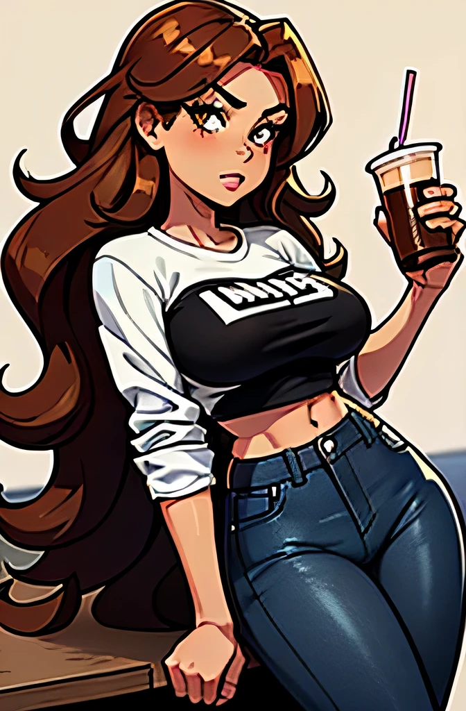 1girl, cowboy shot, very long wavy hair, sidelocks, auburn hair, hazel eyes, tan skin, makeup, petite, large breasts, black demin jacket, white t-shirt, high waist black skinny jeans, shirt tucked into jeans, ankle boots, background diner, drinking milkshake