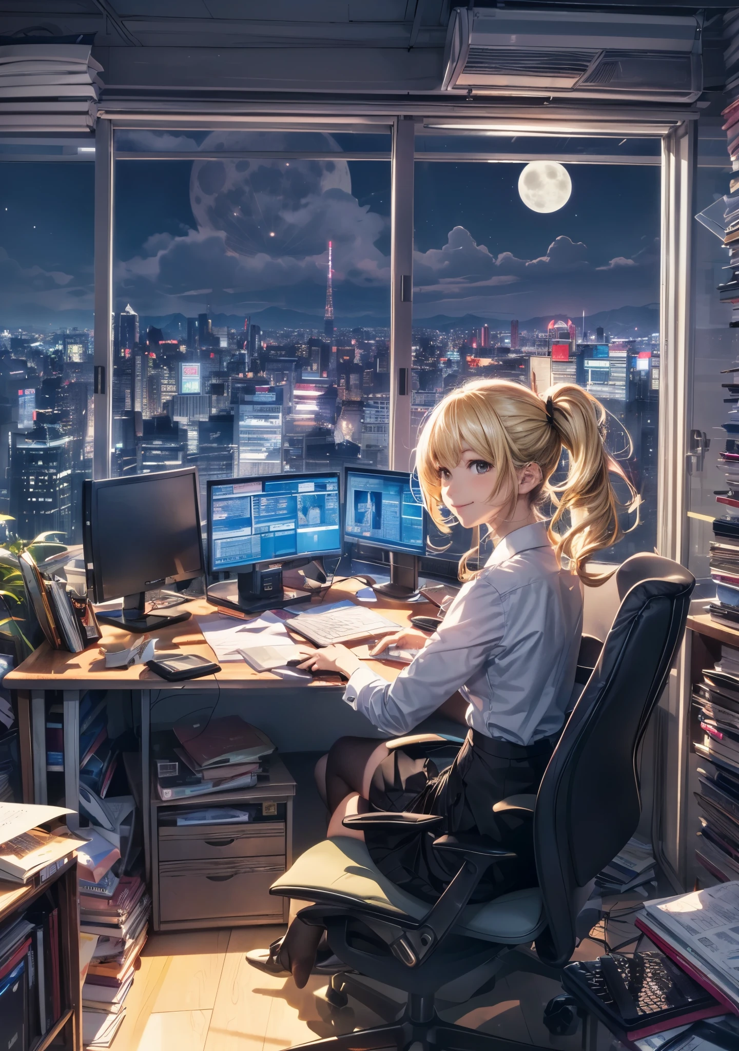 melody mark,highest quality,muste piece,1 female,solo,(psychedelia),(Office Lady:1.5),(lots of computers and documents),A ray of light spreads,(nostalgic scenery),I can see the building from my office window.,(full moon: 1.2),(short low twintails blonde hair),A wistful smile